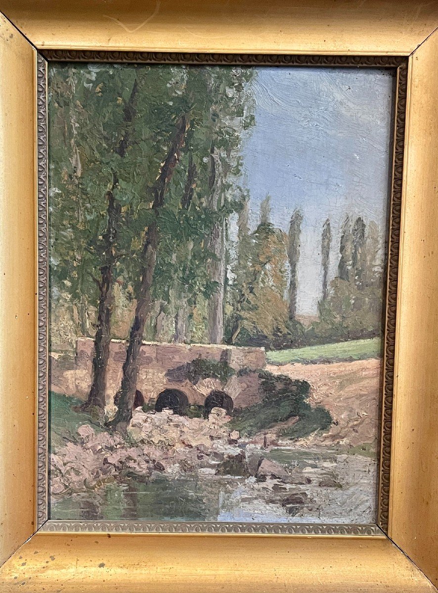 Huile Sur Panneau, Vue D’un Pont, XXe Siècle -photo-4