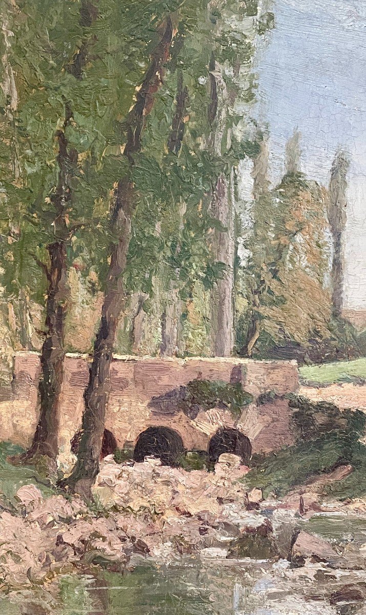 Huile Sur Panneau, Vue D’un Pont, XXe Siècle -photo-2