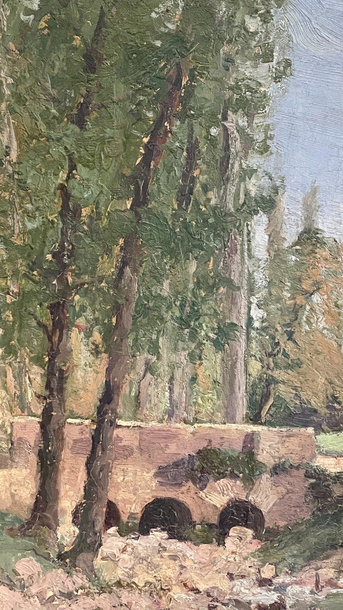 Huile Sur Panneau, Vue D’un Pont, XXe Siècle -photo-3