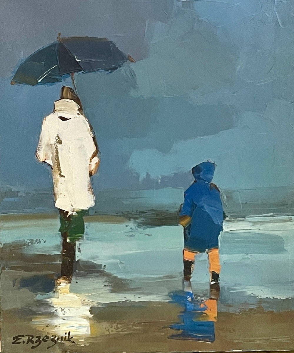 Walk On A Normandy Beach, Oil On Canvas By Ewa Rzeźnik (born In 1969)