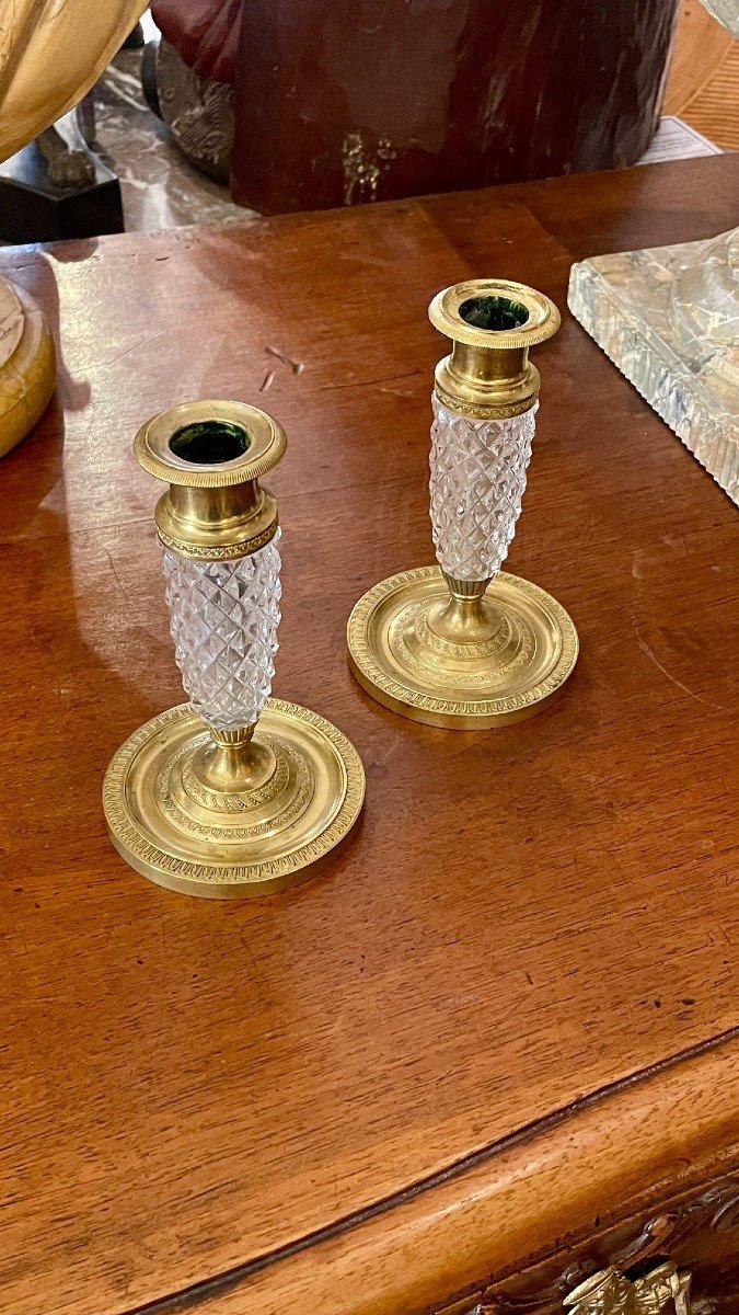 Pair Of Baccarat Candlesticks In Gilded Bronze And Cut Crystal, 19th Century-photo-2