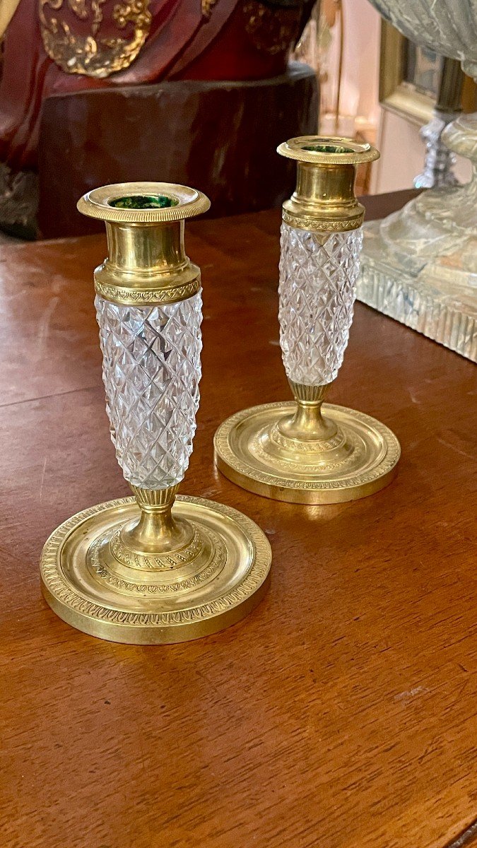 Pair Of Baccarat Candlesticks In Gilded Bronze And Cut Crystal, 19th Century-photo-3