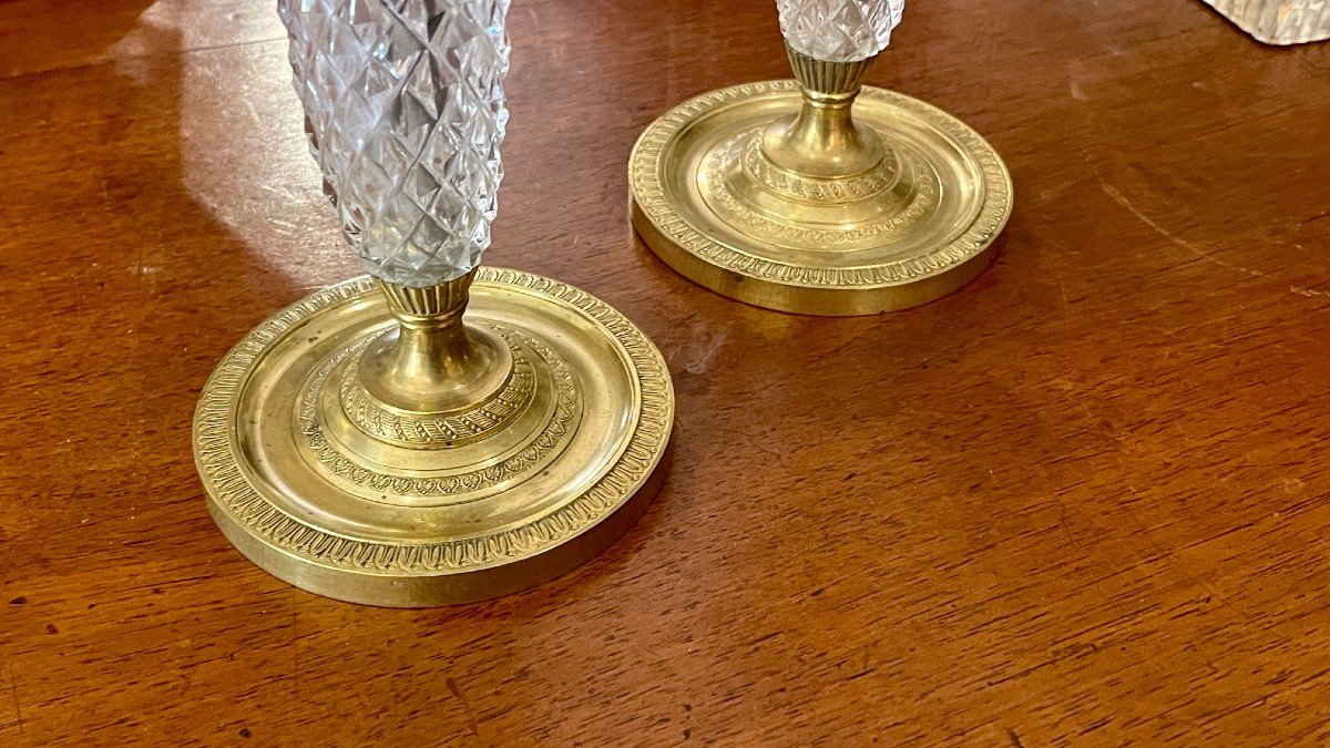 Pair Of Baccarat Candlesticks In Gilded Bronze And Cut Crystal, 19th Century-photo-4