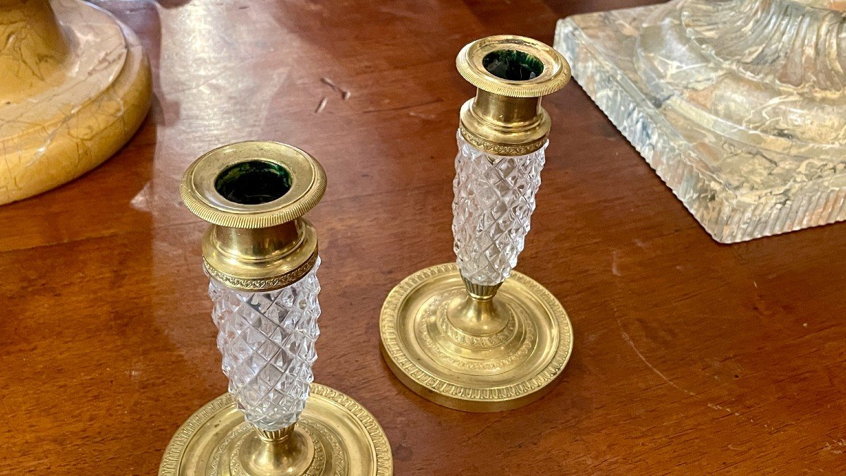 Pair Of Baccarat Candlesticks In Gilded Bronze And Cut Crystal, 19th Century-photo-5