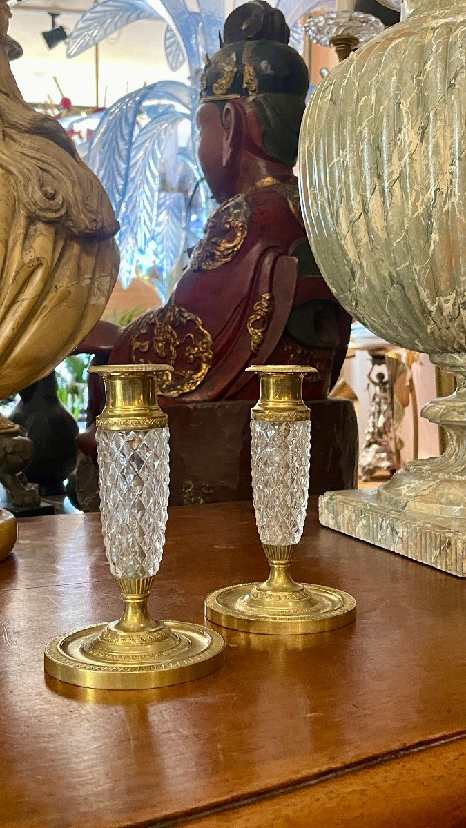 Pair Of Baccarat Candlesticks In Gilded Bronze And Cut Crystal, 19th Century