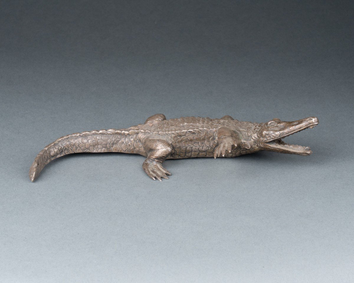 Crocodile In Silver-plated Bronze, 19th Century-photo-2