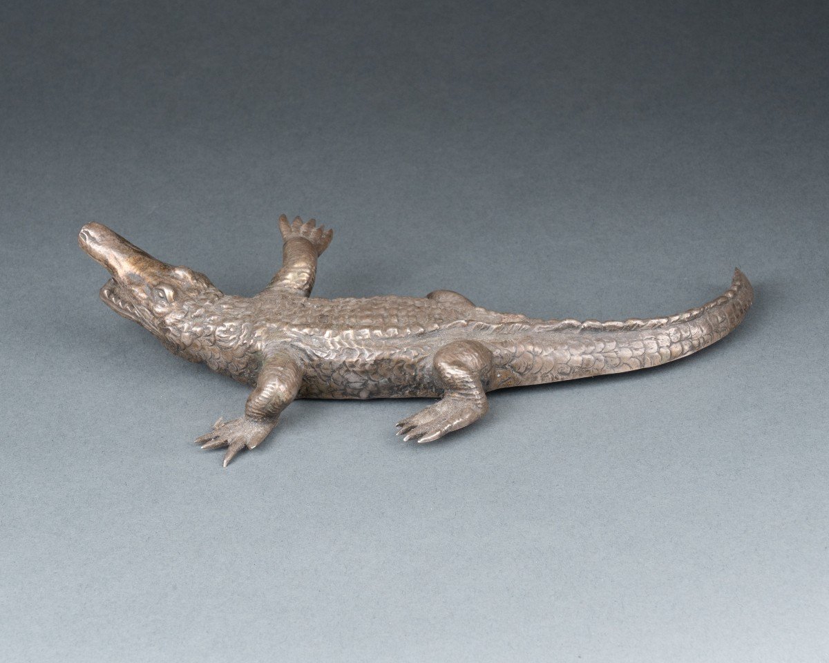 Crocodile In Silver-plated Bronze, 19th Century-photo-1