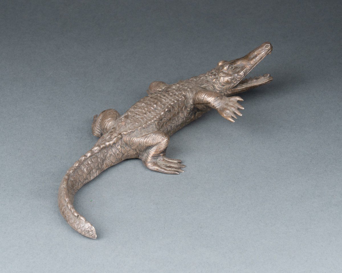 Crocodile In Silver-plated Bronze, 19th Century-photo-2