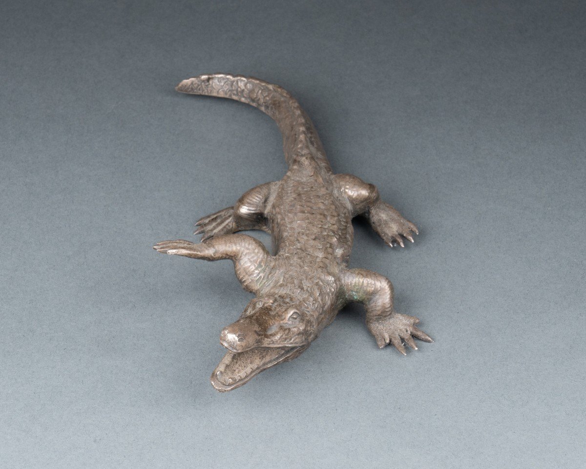 Crocodile In Silver-plated Bronze, 19th Century-photo-3