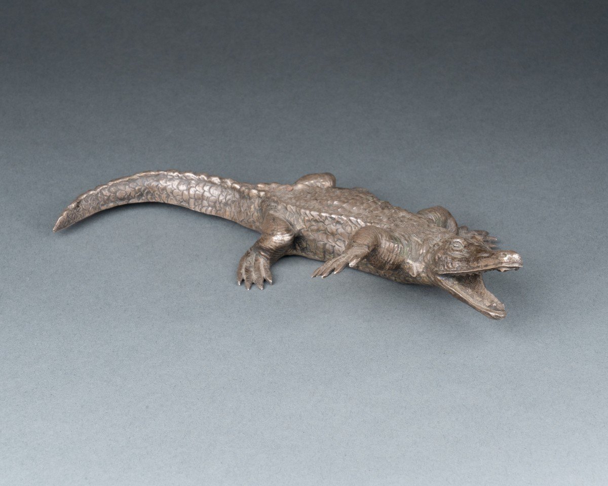 Crocodile In Silver-plated Bronze, 19th Century-photo-5