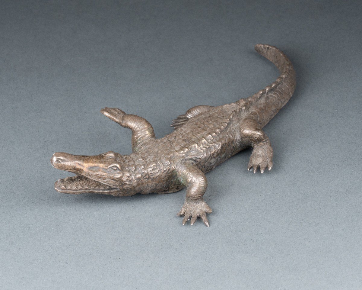 Crocodile In Silver-plated Bronze, 19th Century