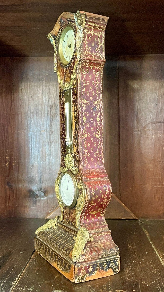 Horloge, Thermomètre Et Baromètre De Bureau, Gainé De Cuir Gaufré Et Doré, XIXe Siècle -photo-3