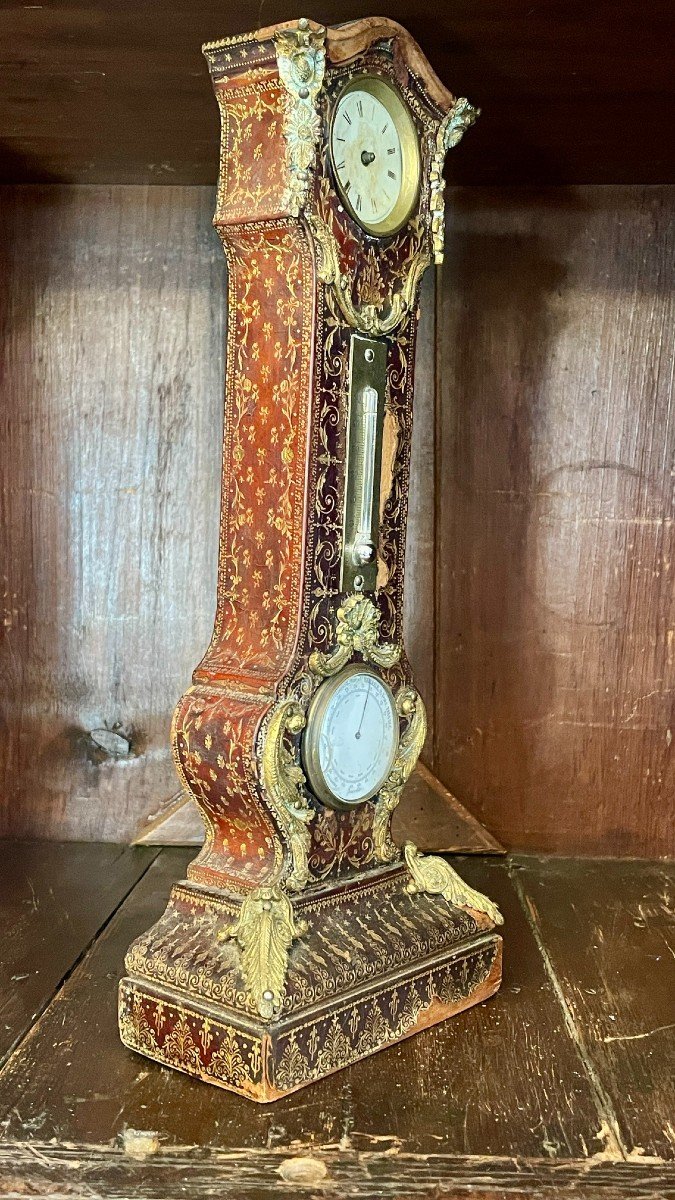 Horloge, Thermomètre Et Baromètre De Bureau, Gainé De Cuir Gaufré Et Doré, XIXe Siècle -photo-4