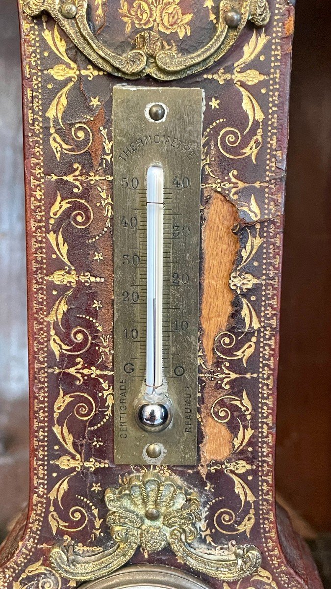 Horloge, Thermomètre Et Baromètre De Bureau, Gainé De Cuir Gaufré Et Doré, XIXe Siècle -photo-1