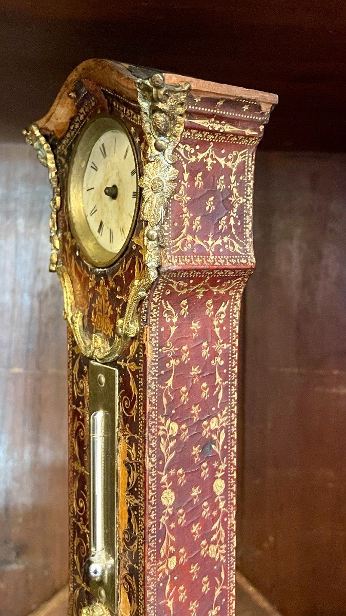 Horloge, Thermomètre Et Baromètre De Bureau, Gainé De Cuir Gaufré Et Doré, XIXe Siècle -photo-2