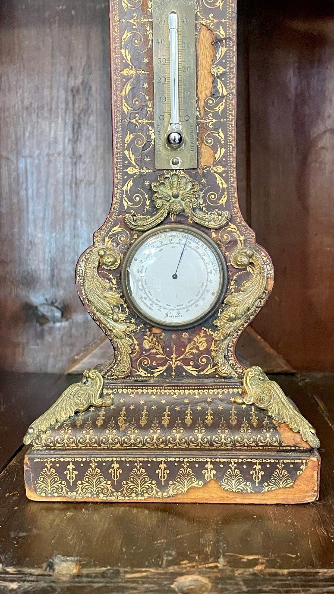 Horloge, Thermomètre Et Baromètre De Bureau, Gainé De Cuir Gaufré Et Doré, XIXe Siècle -photo-3