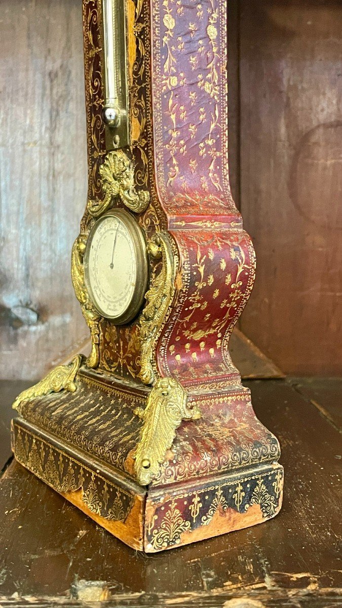 Horloge, Thermomètre Et Baromètre De Bureau, Gainé De Cuir Gaufré Et Doré, XIXe Siècle -photo-5