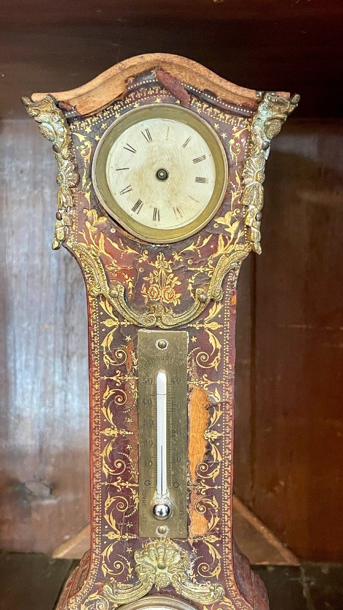 Horloge, Thermomètre Et Baromètre De Bureau, Gainé De Cuir Gaufré Et Doré, XIXe Siècle -photo-6