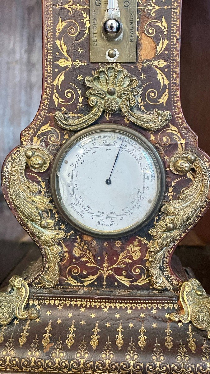 Horloge, Thermomètre Et Baromètre De Bureau, Gainé De Cuir Gaufré Et Doré, XIXe Siècle -photo-8