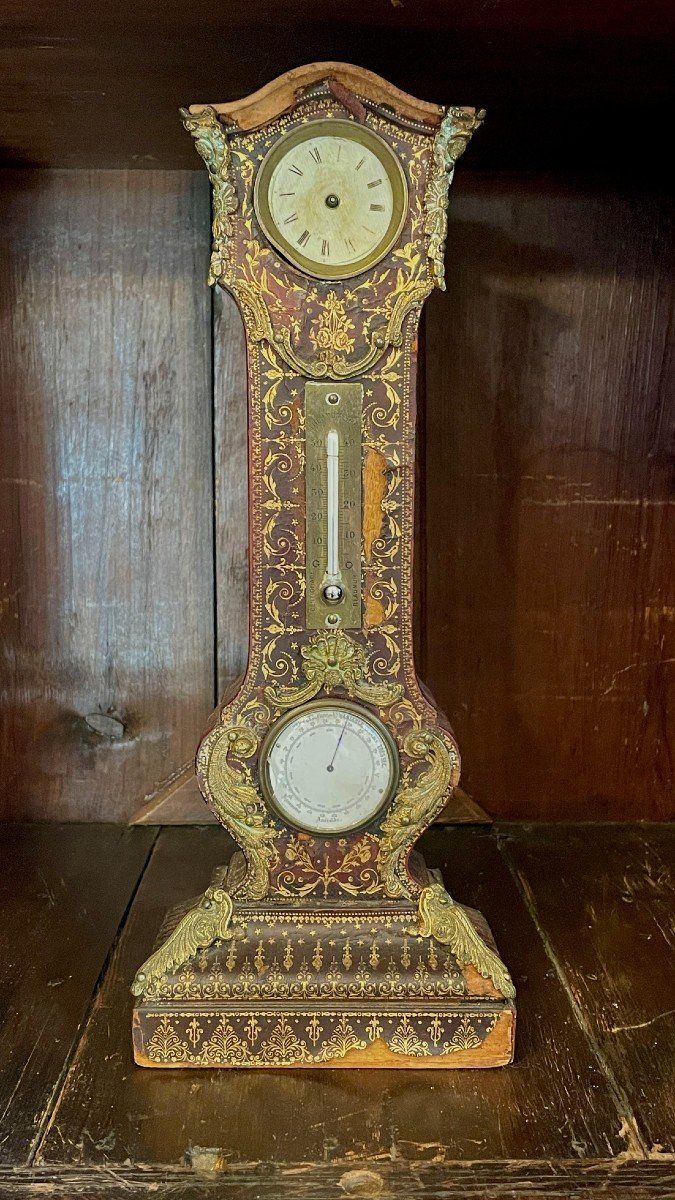 Horloge, Thermomètre Et Baromètre De Bureau, Gainé De Cuir Gaufré Et Doré, XIXe Siècle 