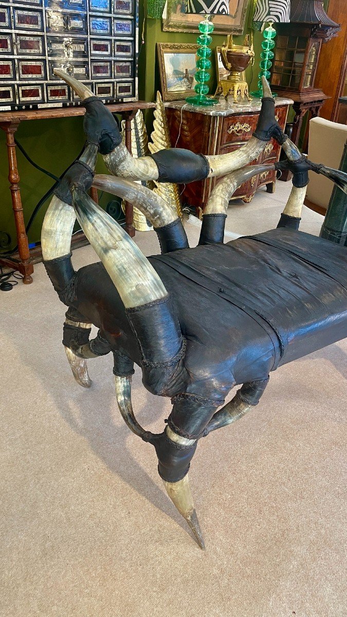 Horn And Leather Bench, 20th Century-photo-2