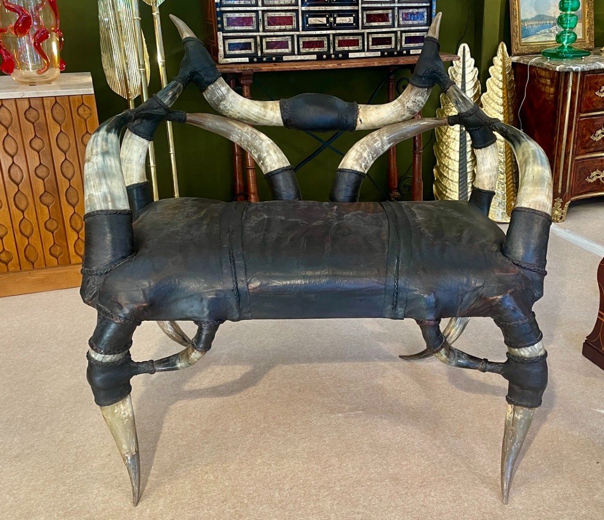 Horn And Leather Bench, 20th Century