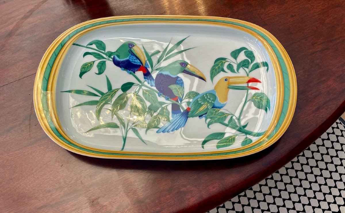 Plat « toucans » En Porcelaine, Signé Hermès, XXe Siècle-photo-4