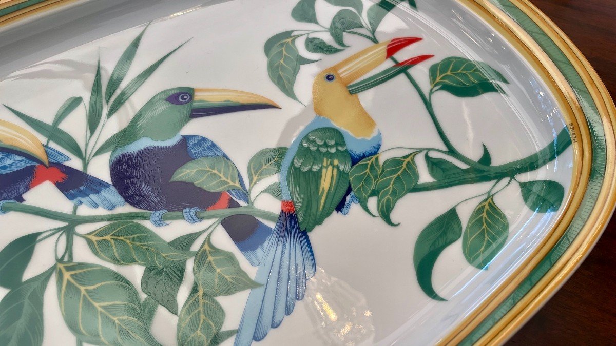 Plat « toucans » En Porcelaine, Signé Hermès, XXe Siècle-photo-5