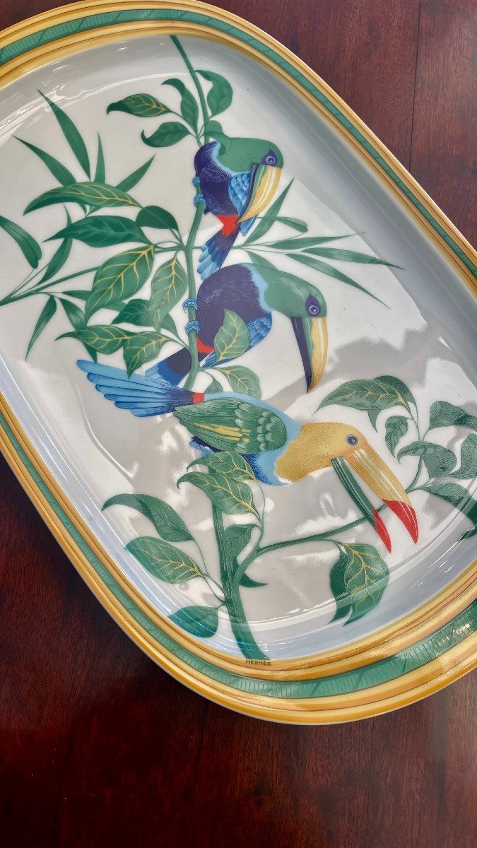 Plat « toucans » En Porcelaine, Signé Hermès, XXe Siècle-photo-7