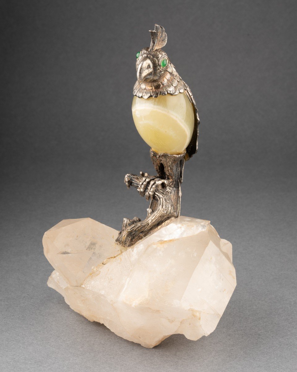 Oiseau En Argent Massif Et Agate Sur Socle De Cristal De Roche, XIXe Siècle -photo-2