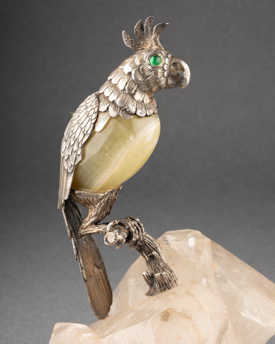 Oiseau En Argent Massif Et Agate Sur Socle De Cristal De Roche, XIXe Siècle -photo-3