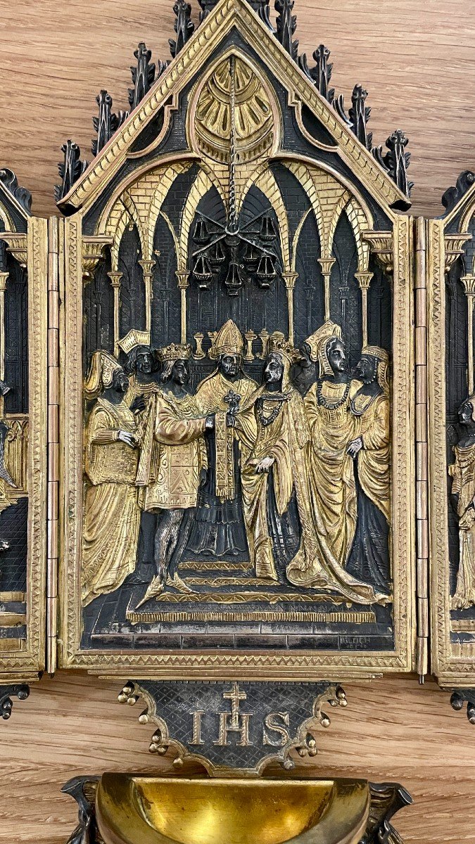 Private Devotional Altarpiece In Bronze, 19th Century-photo-2