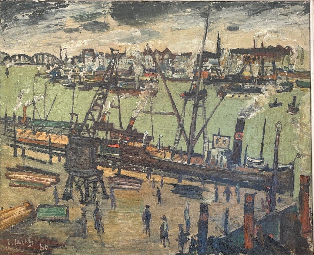 Oil On Canvas Signed Louis Cazals (1912-1995) Depicting A Port, 1960-photo-3