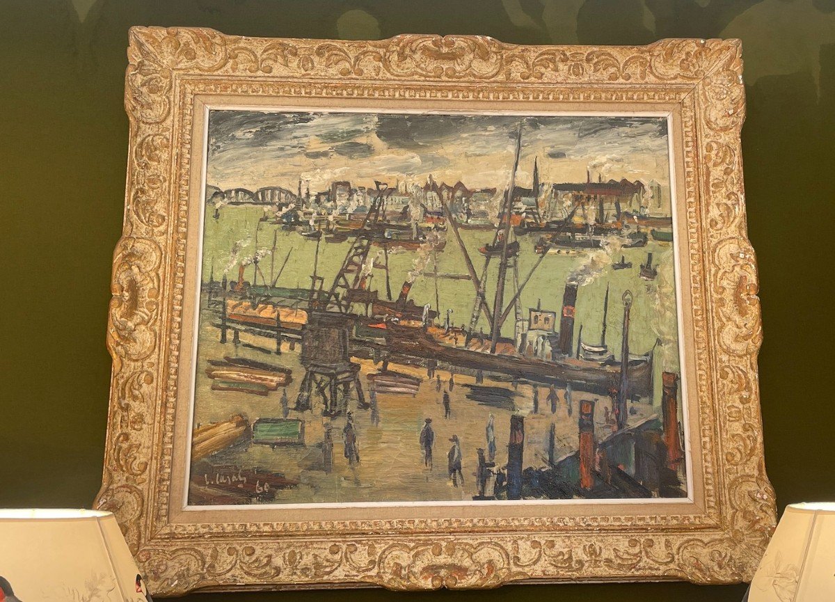 Huile Sur Toile signée Louis Cazals (1912-1995) Figurant Un Port, 1960 