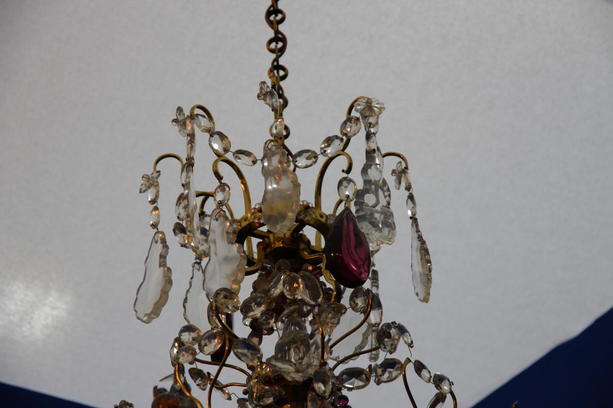 Small White Glass And Colorful Glass Chandelier, Early 20th Century-photo-4