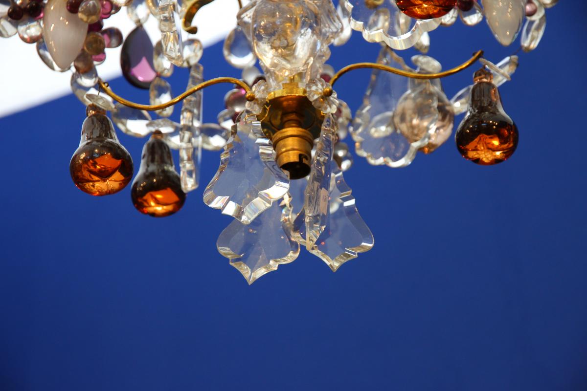 Petit Lustre En Verre Blanc Et Verre Coloré à Une Lumière, Début XXe Siècle-photo-2