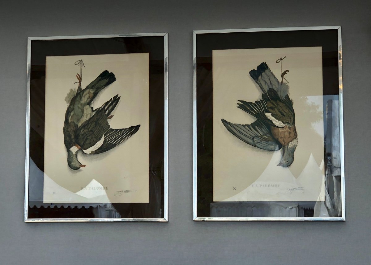 Pair Of Wood Pigeon Lithographs, Signed Jérôme Trolliet And Dated 1972