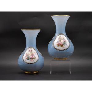 Paire De Vases En Opaline Doublée Blanche Et Bleue, XIXe Siècle 