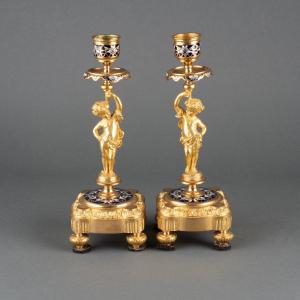 Pair Of Enameled Gilded Bronze Candlesticks, 19th Century