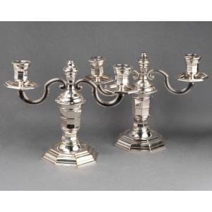 Pair Of Christofle Silver-plated Bronze Candlesticks, 20th Century