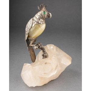 Oiseau En Argent Massif Et Agate Sur Socle De Cristal De Roche, XIXe Siècle 