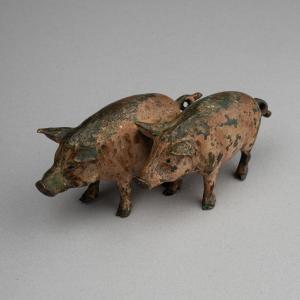 Vienna Bronze With Two Pigs, Signed Geschützt, 19th Century