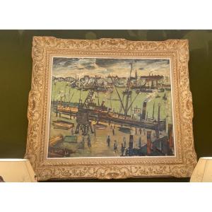 Huile Sur Toile Figurant Une Vue De Port, 1960 