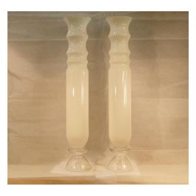 Pair Of High White Murano Vases, 20th Century