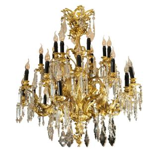 Lustre En Bronze Doré Et Cristal Taillé, Milieu XIXe Siècle