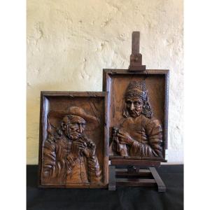 Pair Of Carved Portraits. Folk Art, 19th Century