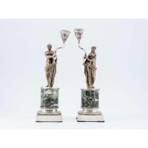 Pair Of Neoclassical Silvered Bronze Candlesticks, 19th Century