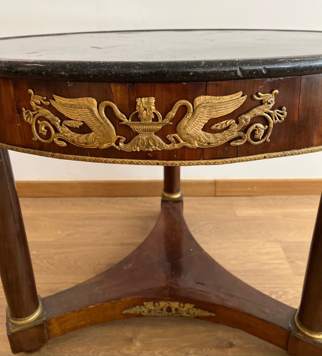 Empire Pedestal Table In Mahogany Veneer Garnished With Chiseled And Gilded Bronze Top Black Marble Throat-photo-2