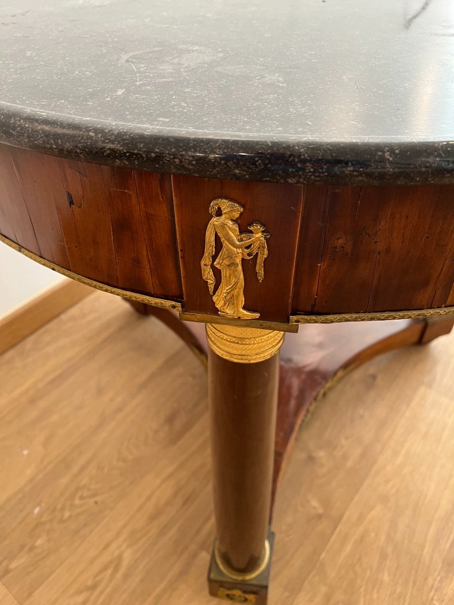 Empire Pedestal Table In Mahogany Veneer Garnished With Chiseled And Gilded Bronze Top Black Marble Throat-photo-3