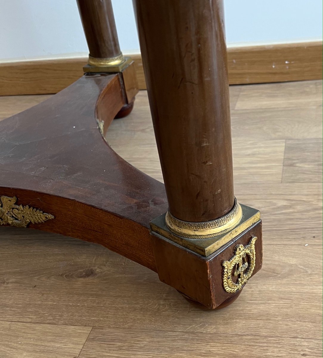 Empire Pedestal Table In Mahogany Veneer Garnished With Chiseled And Gilded Bronze Top Black Marble Throat-photo-2